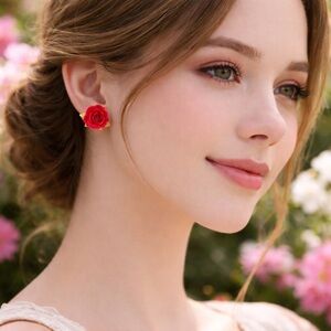 Vintage Red Rose Screw-On Earrings